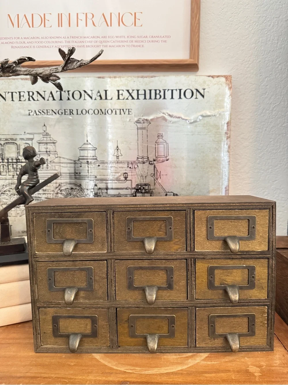 Antique-Style 9-Drawer Desktop Organizer in Aged Brass
